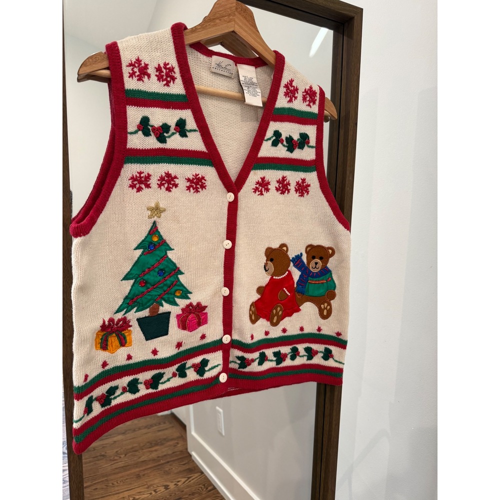 Vintage Kathie Lee  Womens V-Neck Christmas Sweater Vest L Beige Bears Tree